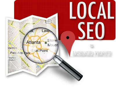 A magnifying glass held over a street map with a location pin, beside the words Local SEO equals increased profits.